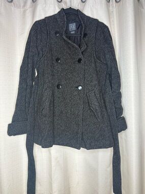 A/X Armani Exchange Women's Wool Dark Charcoal Textured Double-Breasted Peacoat